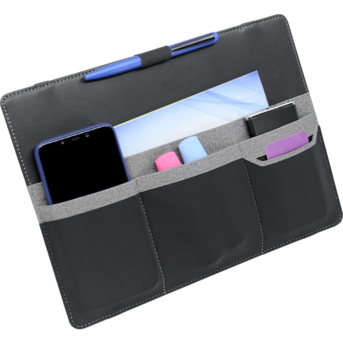 A black laptop bag organiser featuring multiple pockets for a phone, pens, and other accessories, with a logo.