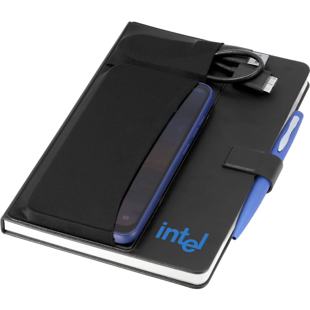 A black notebook with a pen, a phone sleeve, and a charging cable, featuring a logo on the cover.