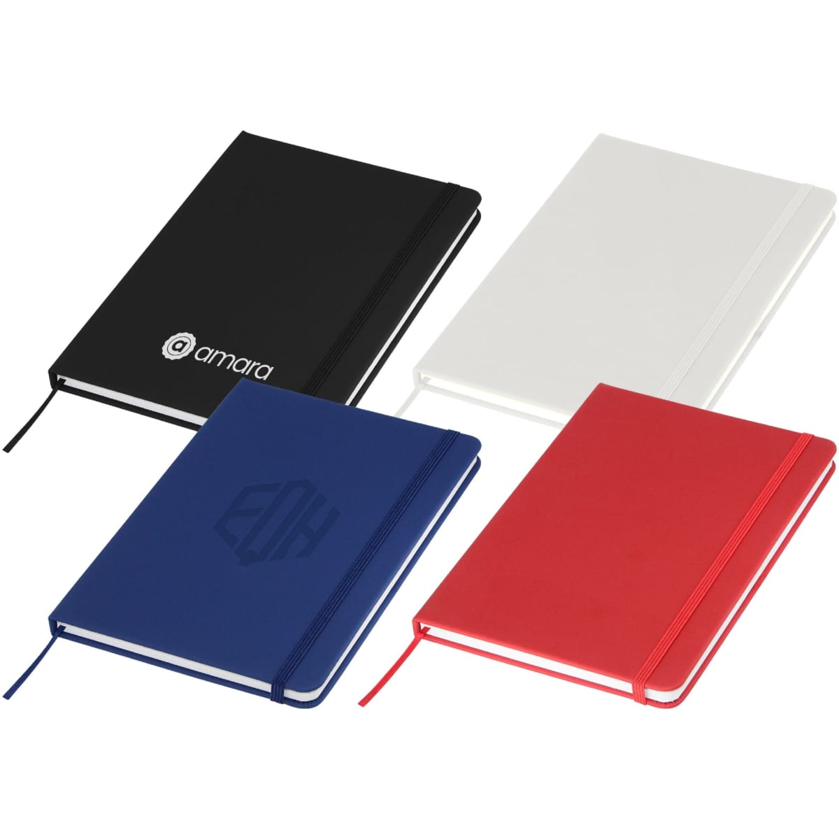An A5 notebook in black, white, red, and navy, featuring a logo on the cover. Includes a ribbon bookmark.