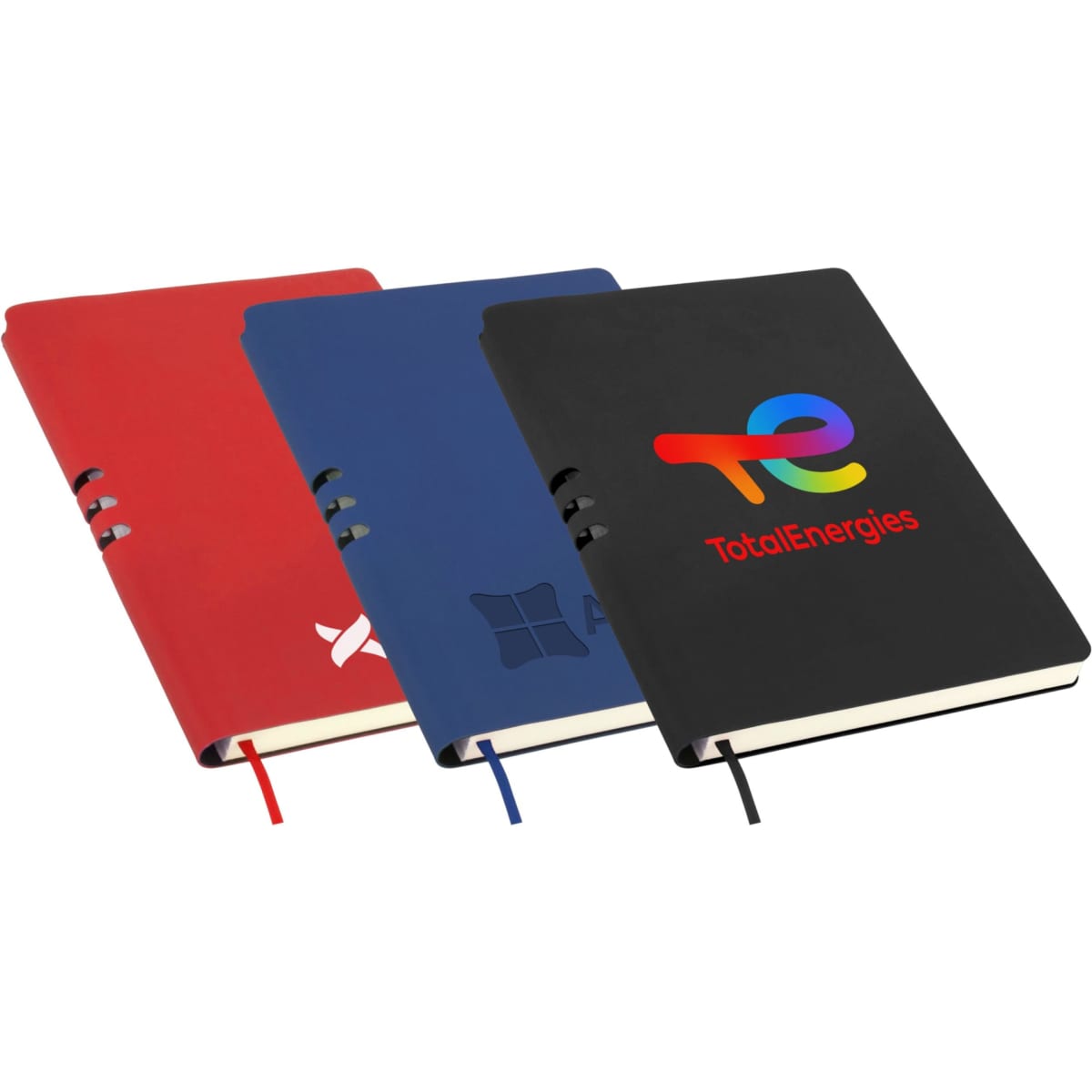 A set of three A5 notebooks in red, blue, and black, each featuring a logo on the cover and a ribbon bookmark.