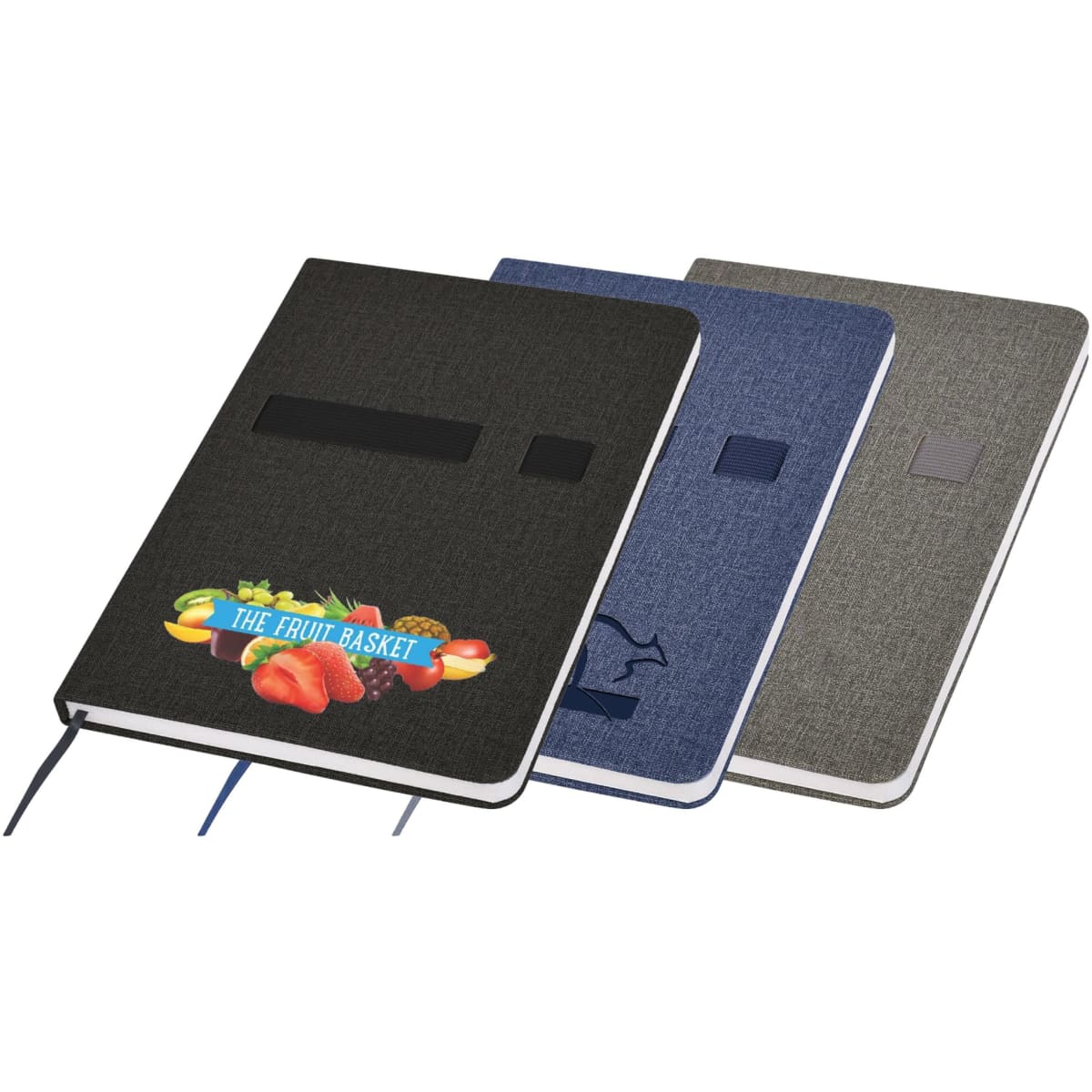 A set of three Oslo A5 notebooks in black, navy blue, and grey, featuring a logo on the black notebook.