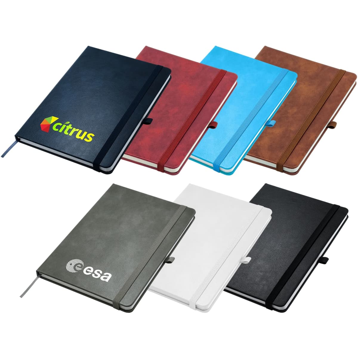 A collection of Apex A5 notebooks in various colours including black, white, brown, blue, red, and green, with logos.