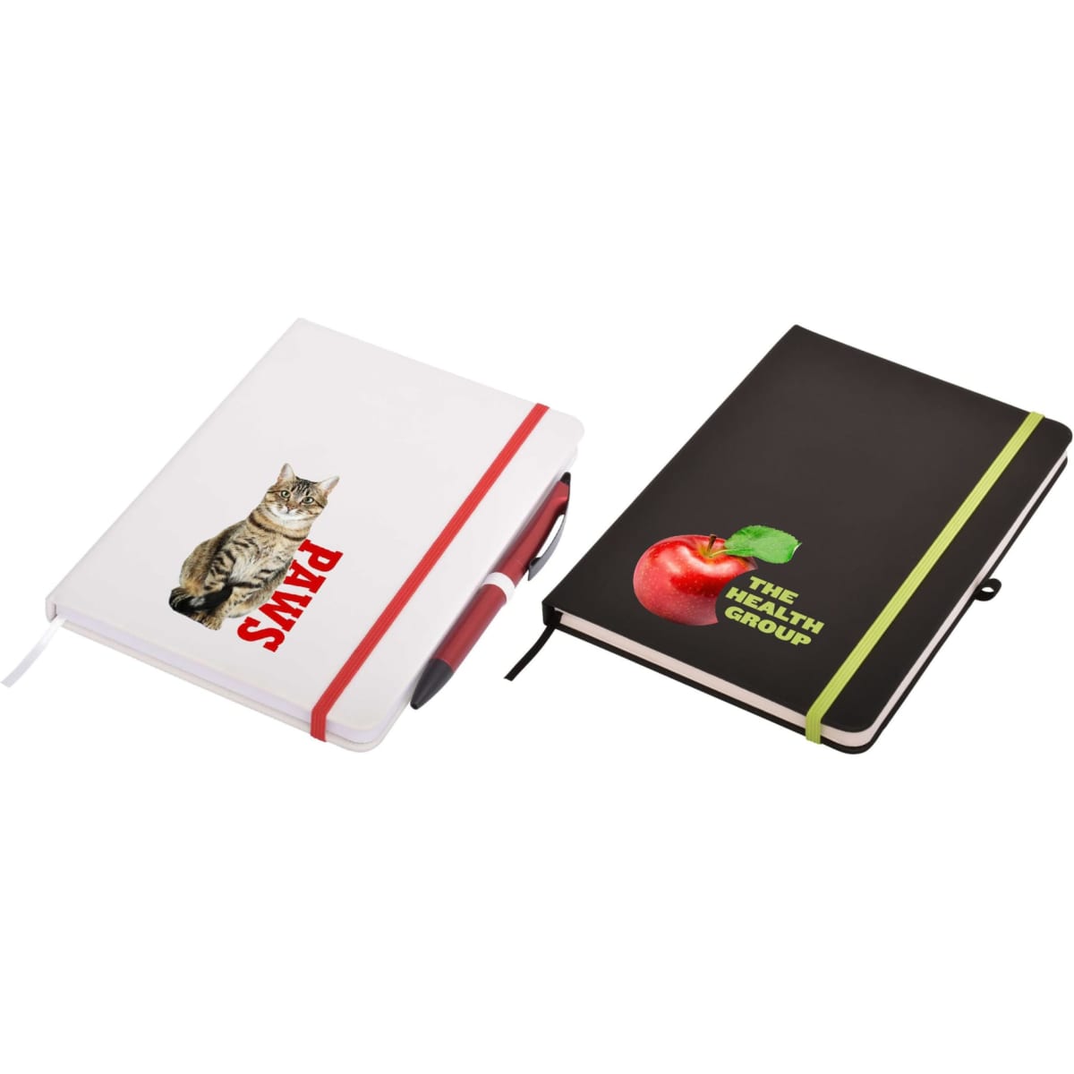 A white notepad with a cat graphic and a black notepad with an apple graphic, both featuring elastic bands.