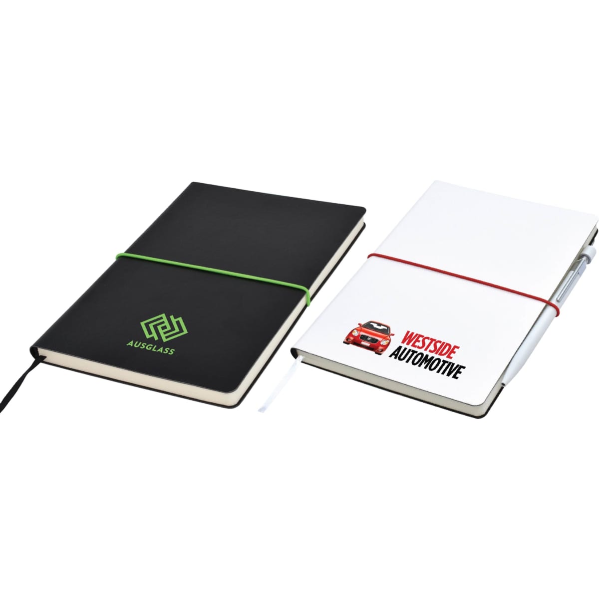 A black notepad with a green logo and a white notepad with a red elastic band and a pen, featuring a logo.