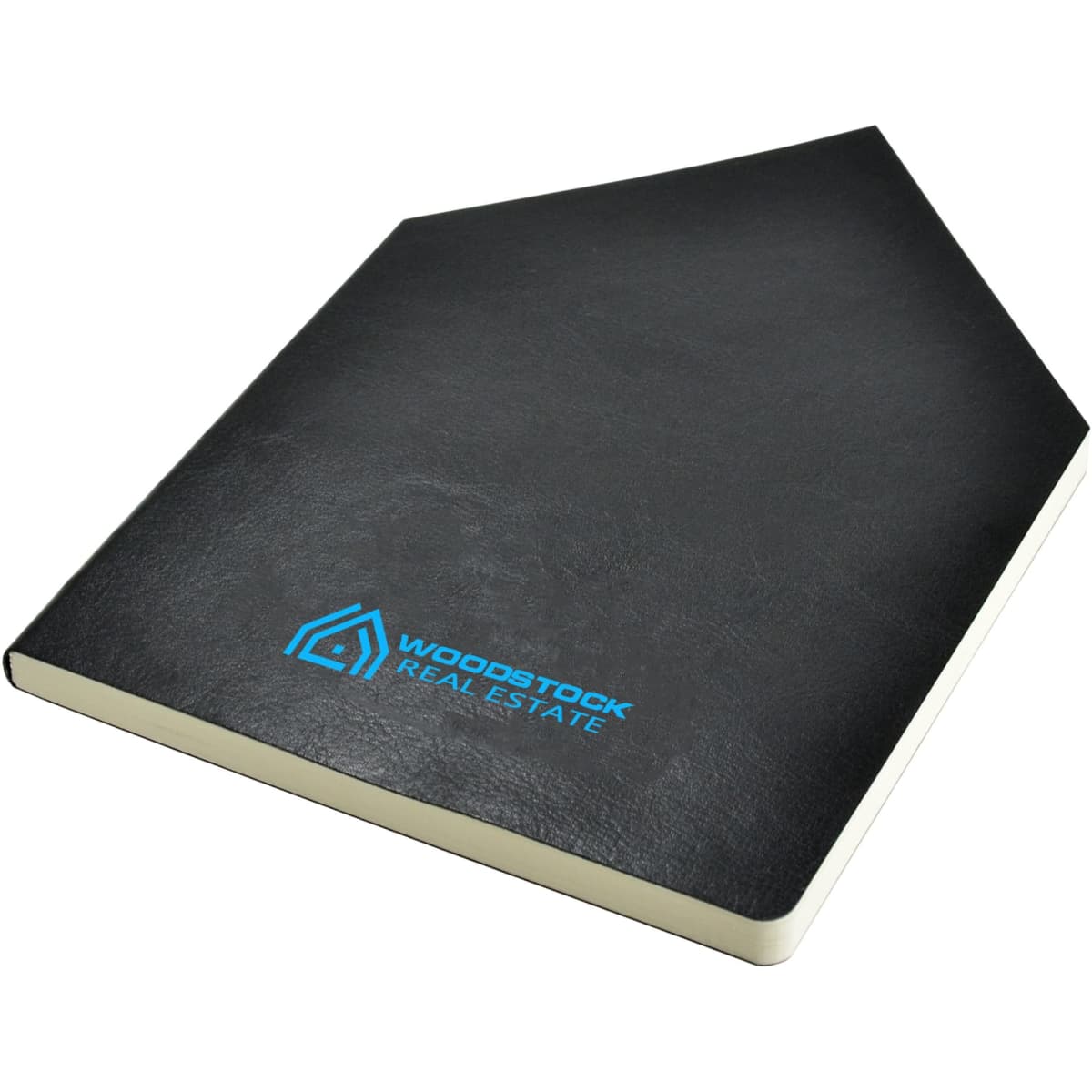 A black A5 notebook with a textured cover and a logo on the front.