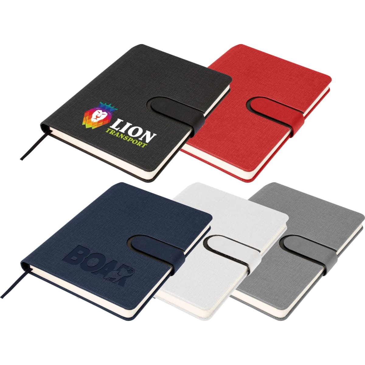 A set of A5 notebooks in red, navy, grey, and white, featuring discreet logo designs and elastic closures.