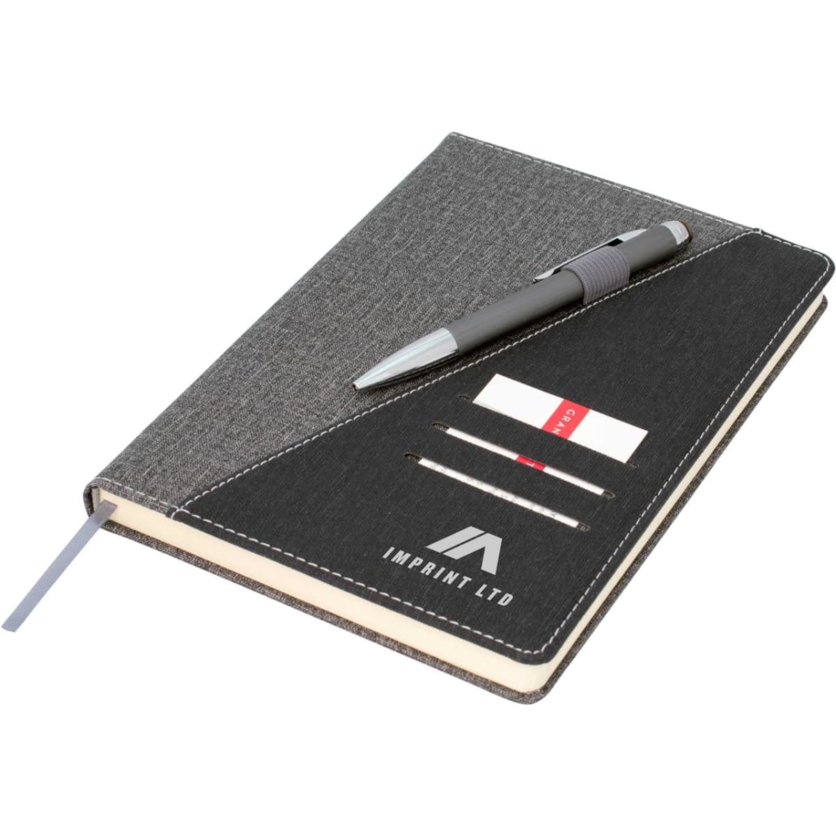 A black and grey A5 notebook featuring a pen, card slots, and a logo on the cover.