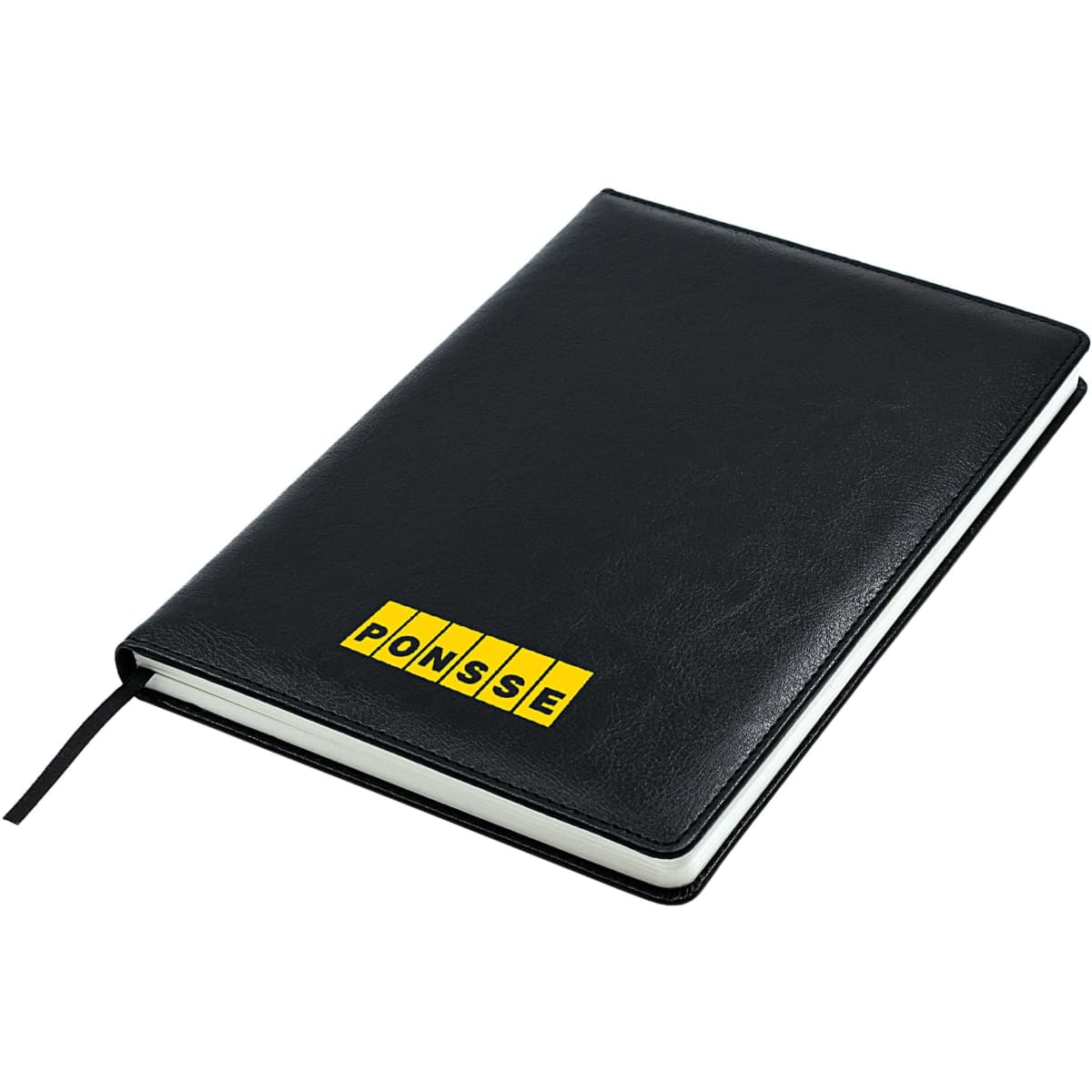 A black A5 notebook with a textured cover and a ribbon marker, featuring a logo on the front.