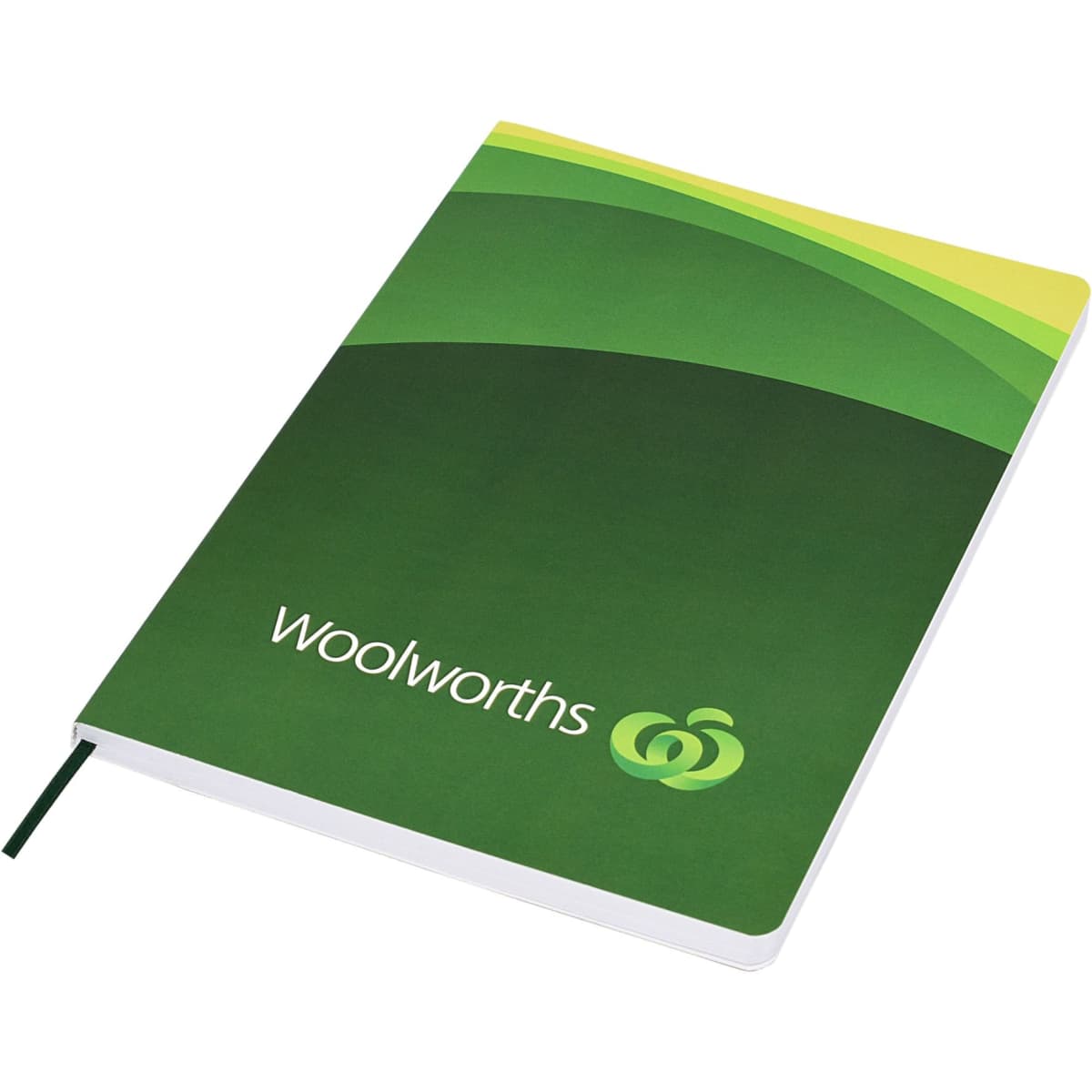 A green A5 portfolio with a curved design and a logo on the front. It features a ribbon bookmark.