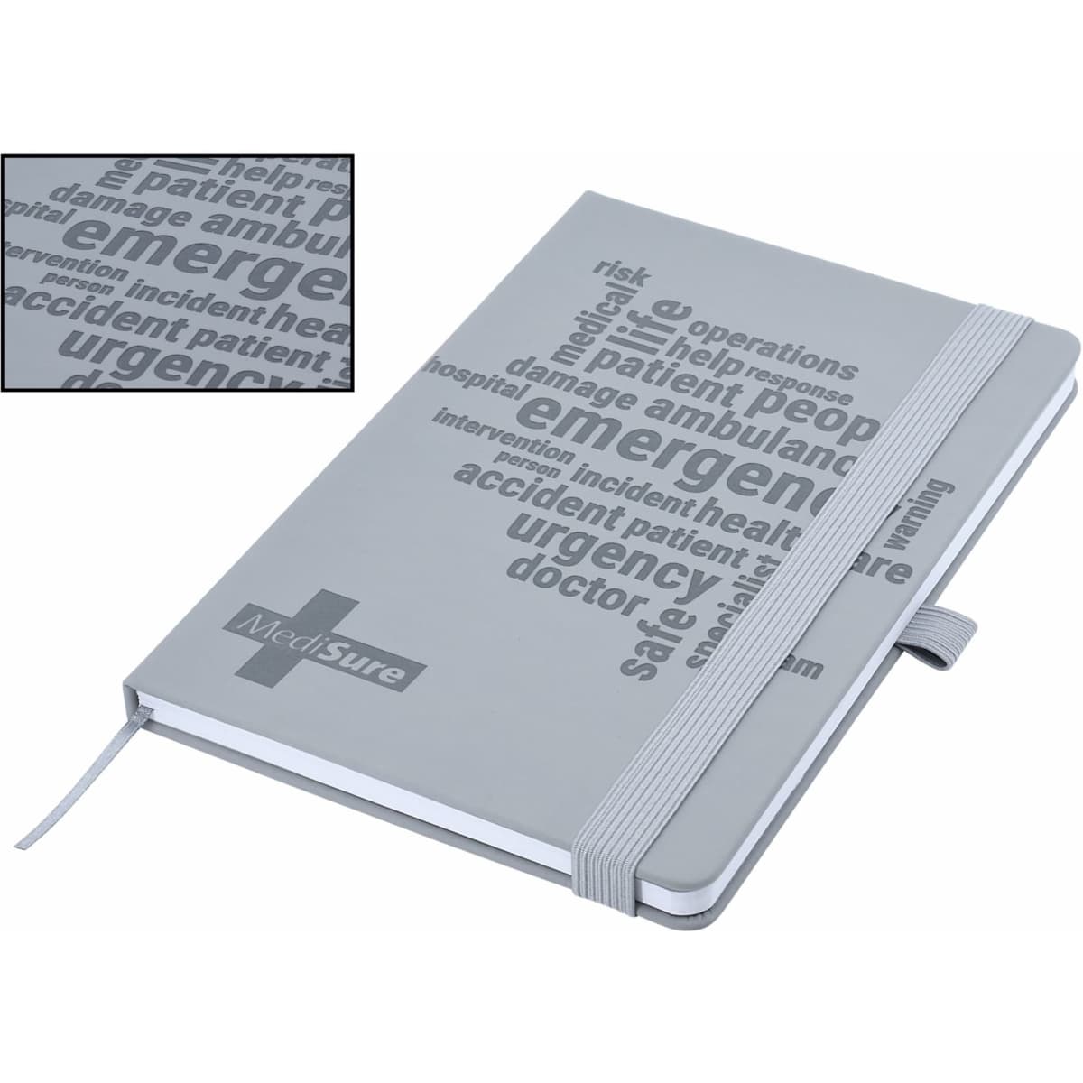 A grey A5 notebook with debossed text and a ribbon bookmark, featuring a logo on the cover.