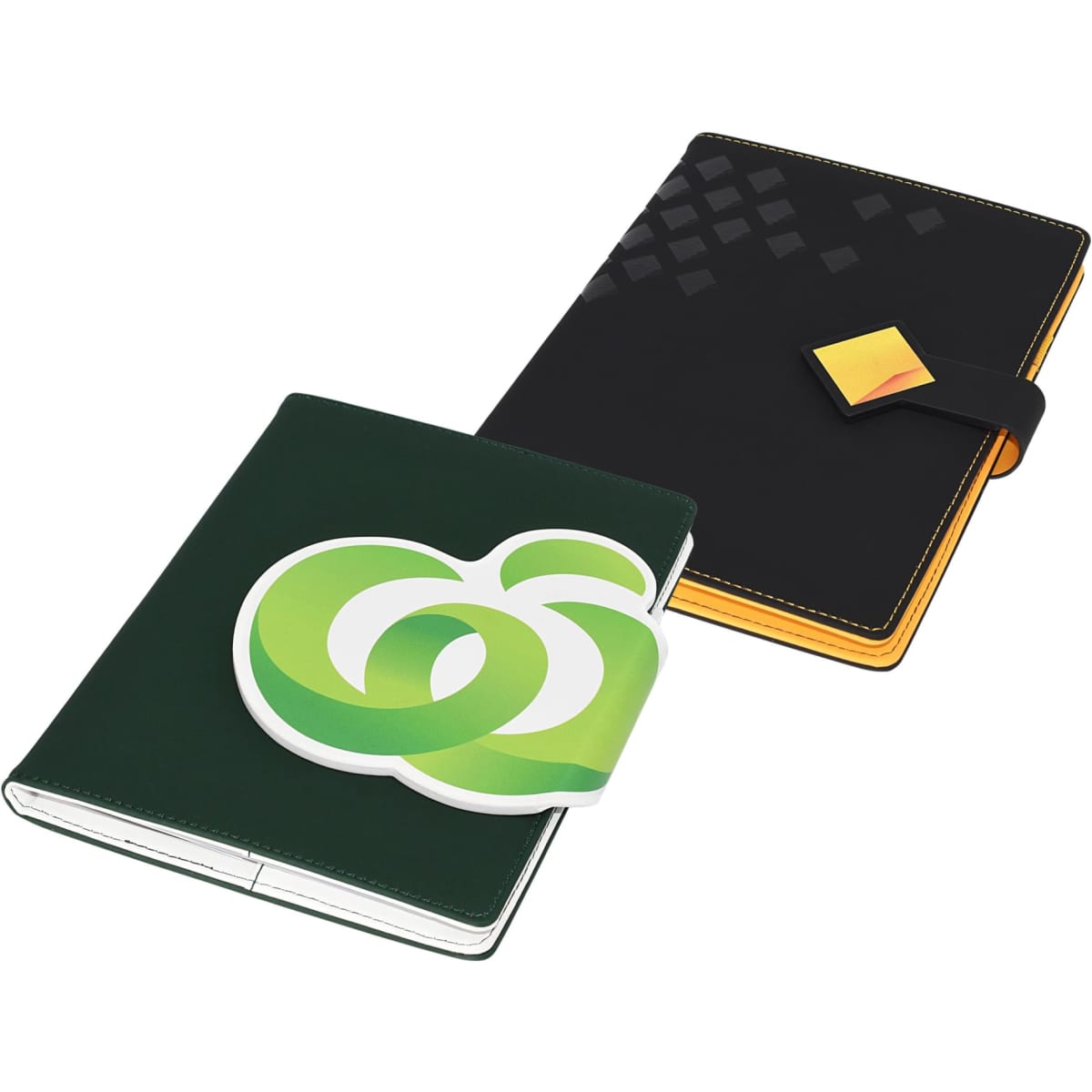 A green and black portfolio with a yellow clasp, featuring a logo and geometric design on the cover.