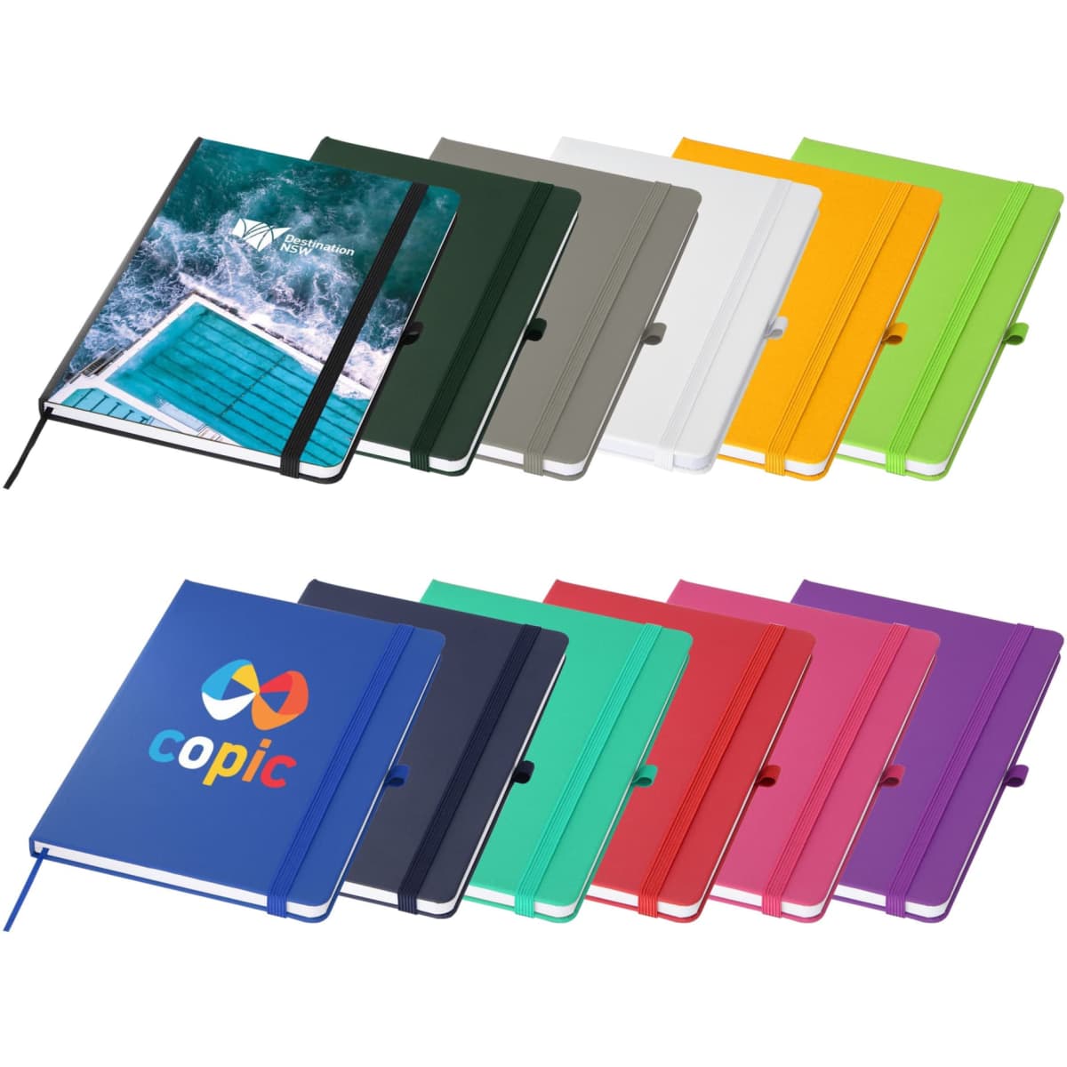 A collection of Bio rPET A5 Notebooks in various colours, featuring a logo on one of the covers.