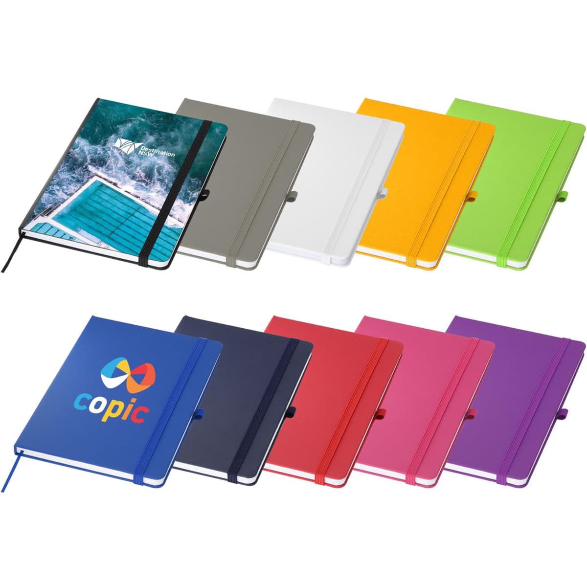 An assortment of A5 notebooks in various colours, featuring a logo on one, with different cover designs and closure bands.