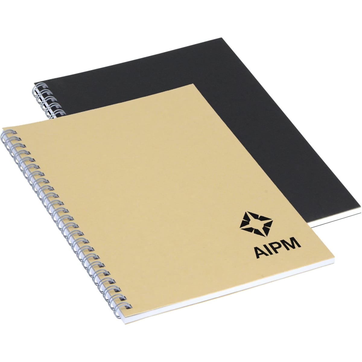 A spiral-bound A5 notebook in beige and black, featuring a logo on the front cover.