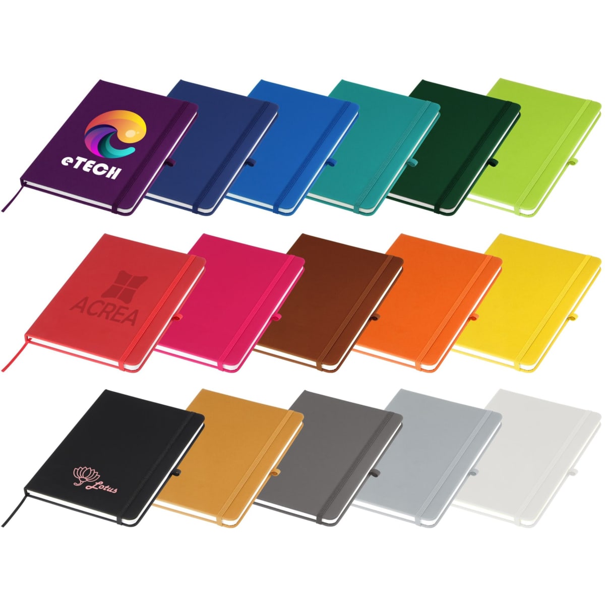 A collection of A5 notebooks in various colours, each with a decorative logo, displayed in a row.