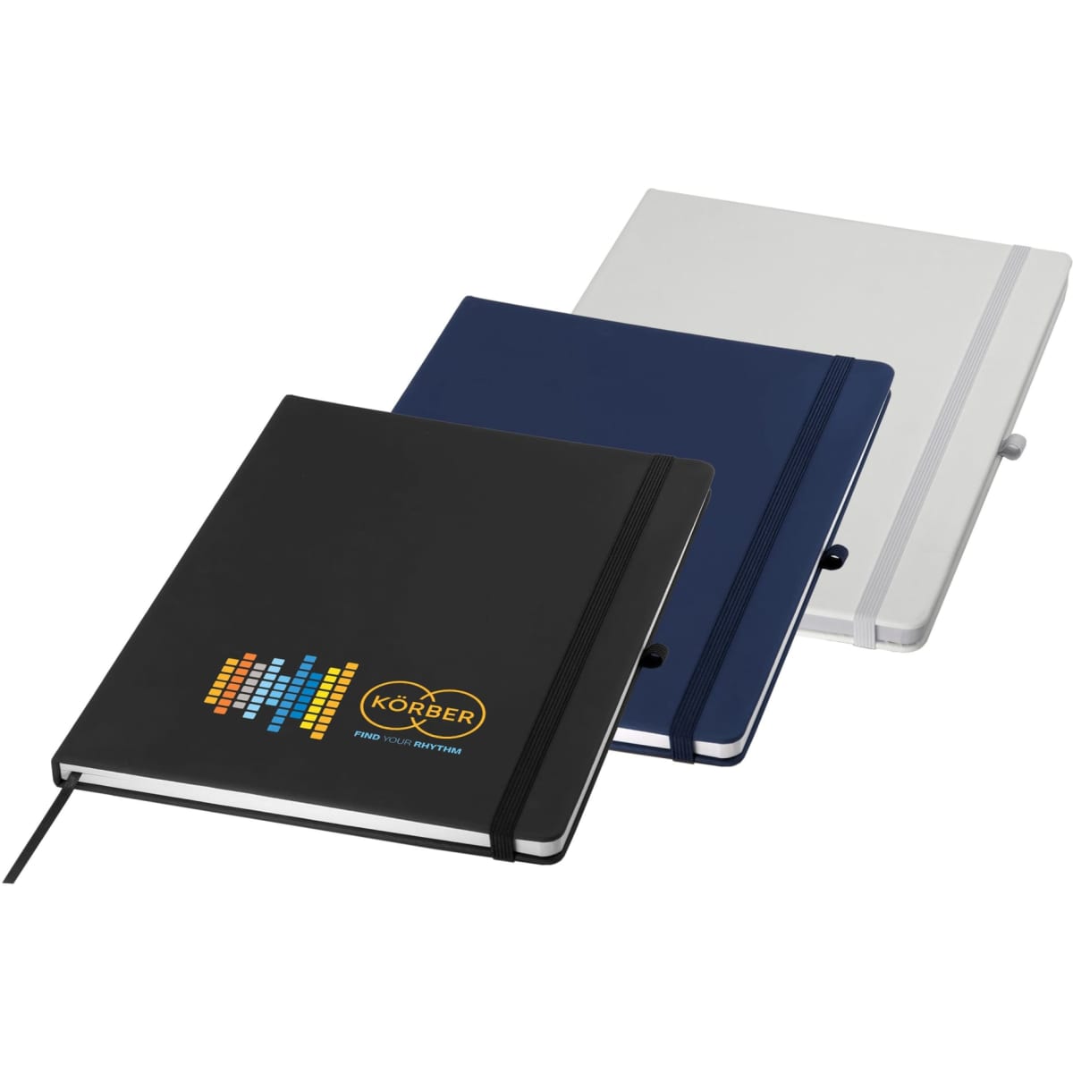 A set of three A4 notebooks in black, navy blue, and grey, each featuring an elastic closure and a logo.