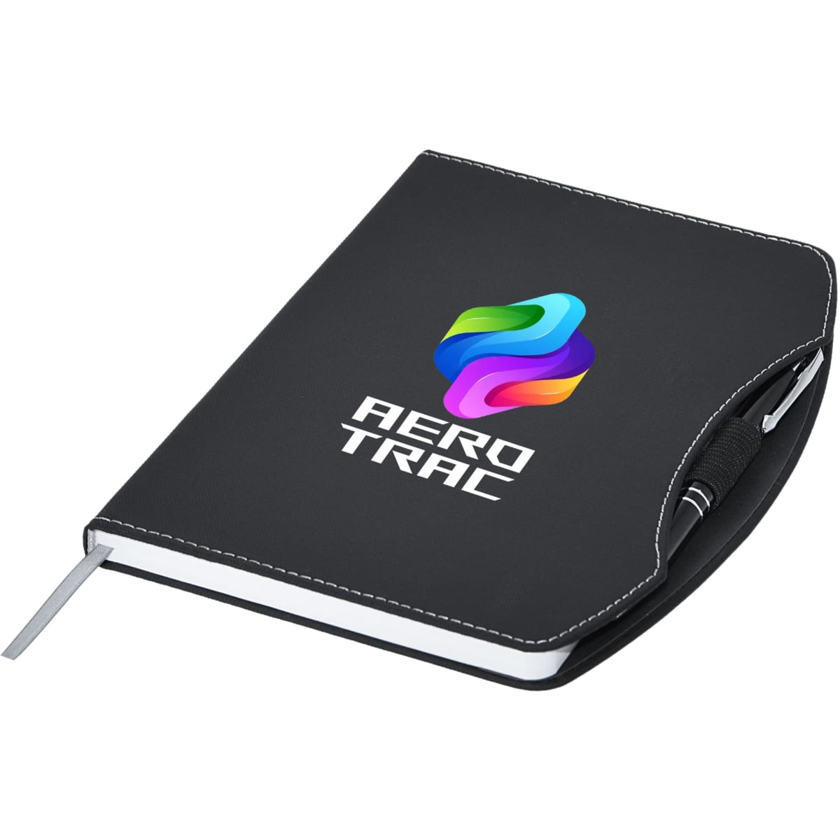 A black A5 notebook featuring a curved cover and a logo, with a pen attached.