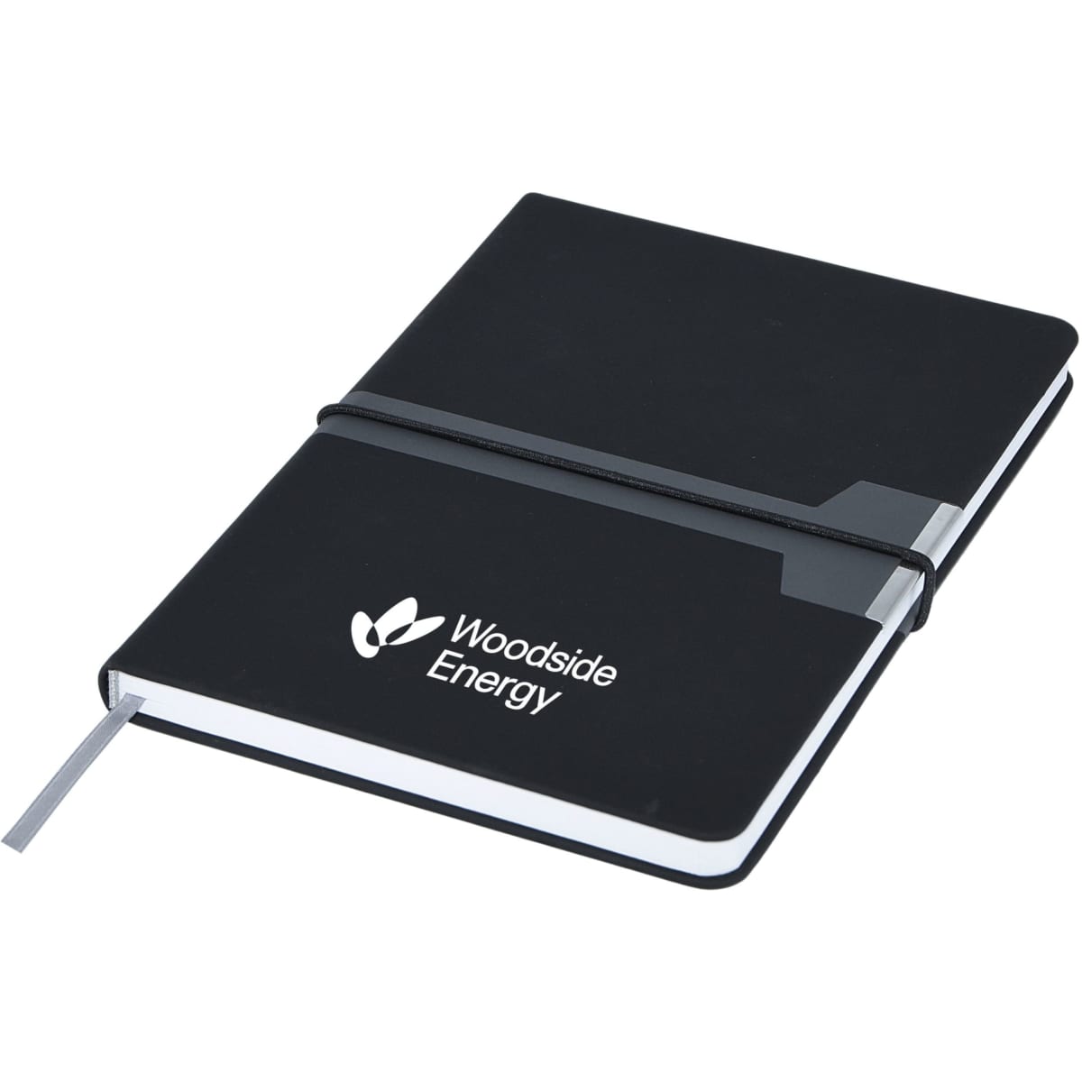 A black A5 notebook with a secure elastic band and a grey tab, featuring a logo on the cover.