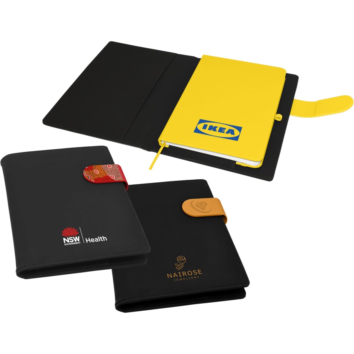 A multi-coloured portfolio featuring a yellow notebook, a black cover with a logo, and decorative closures.