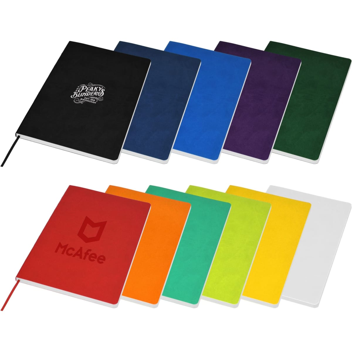 A range of A5 notebooks in various colours, including black, blue, purple, red, green, orange, yellow, and white, with branding on some.