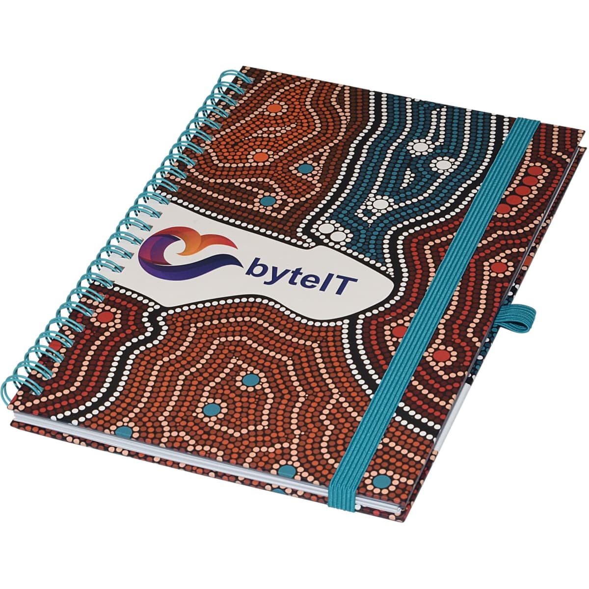 A A5 side-bound notebook with a distinctive Aboriginal art design in brown, red, and blue, featuring a logo on the cover.