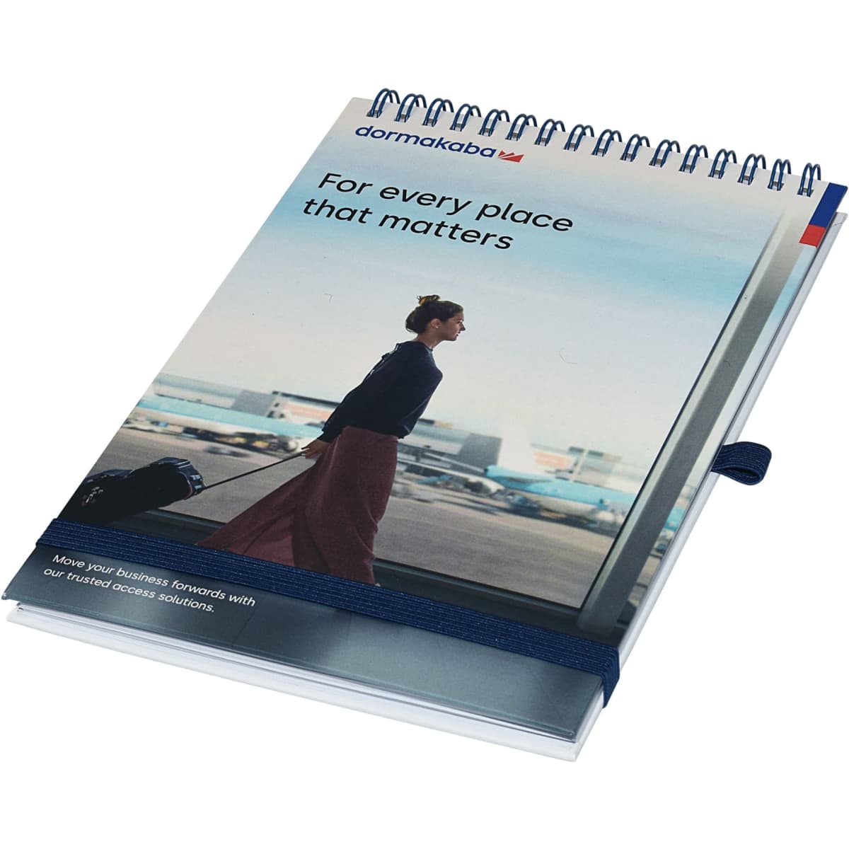 A top-bound A5 notebook with a spiral binding, featuring a blue and white cover design and a logo.