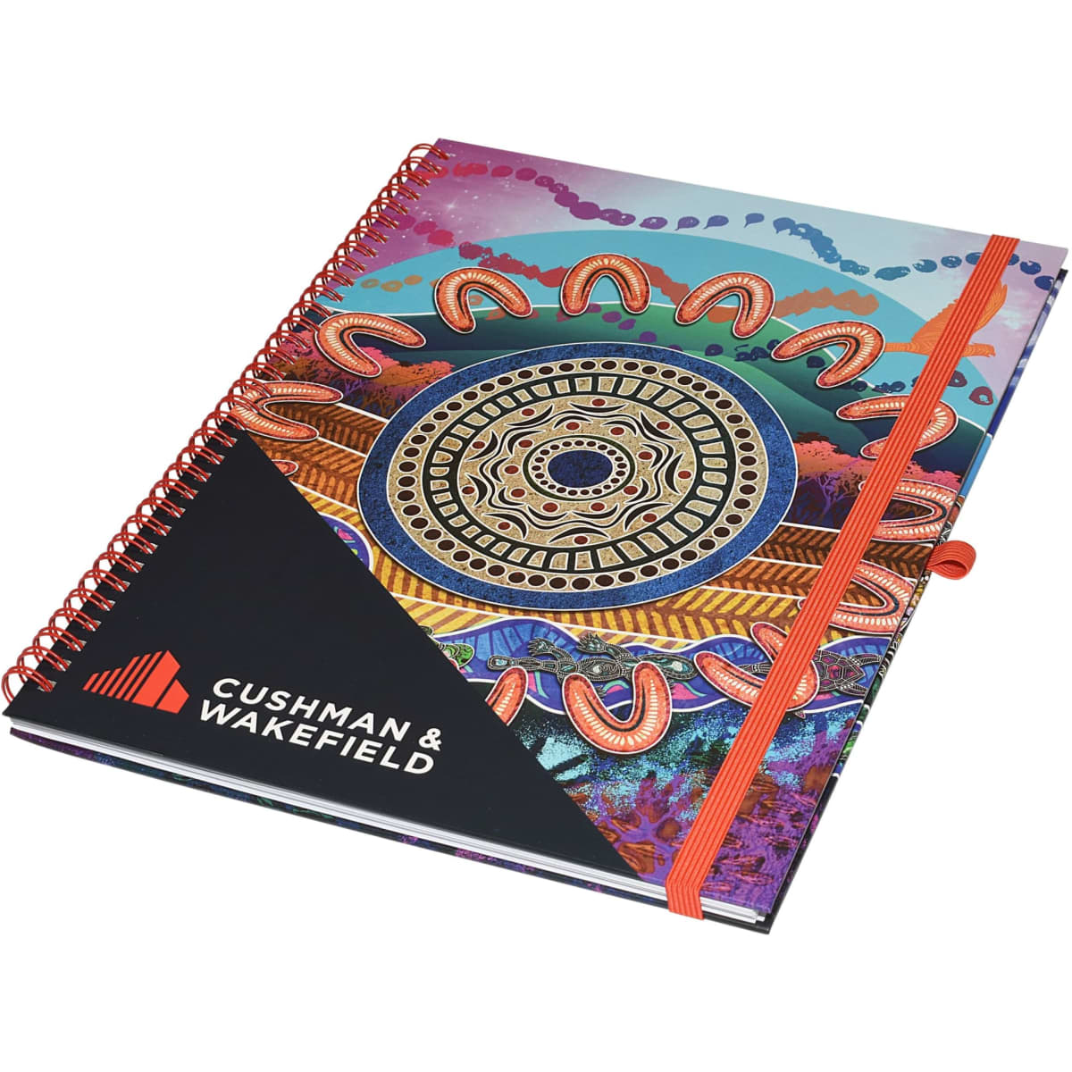 A colourful A4 side-bound notebook featuring a spiral binding and an elastic closure, with a logo on the cover.