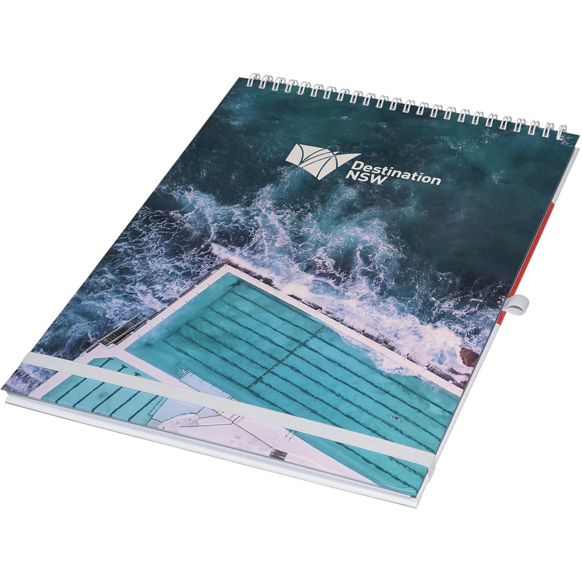 A top-bound A4 notebook featuring a water-themed design in shades of blue and white, with a logo on the cover.