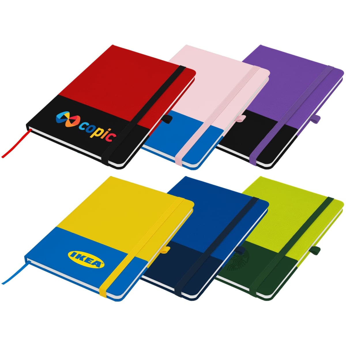 A collection of A5 notebooks in red, black, pink, purple, yellow, navy, and green, each with an elastic band and logos.