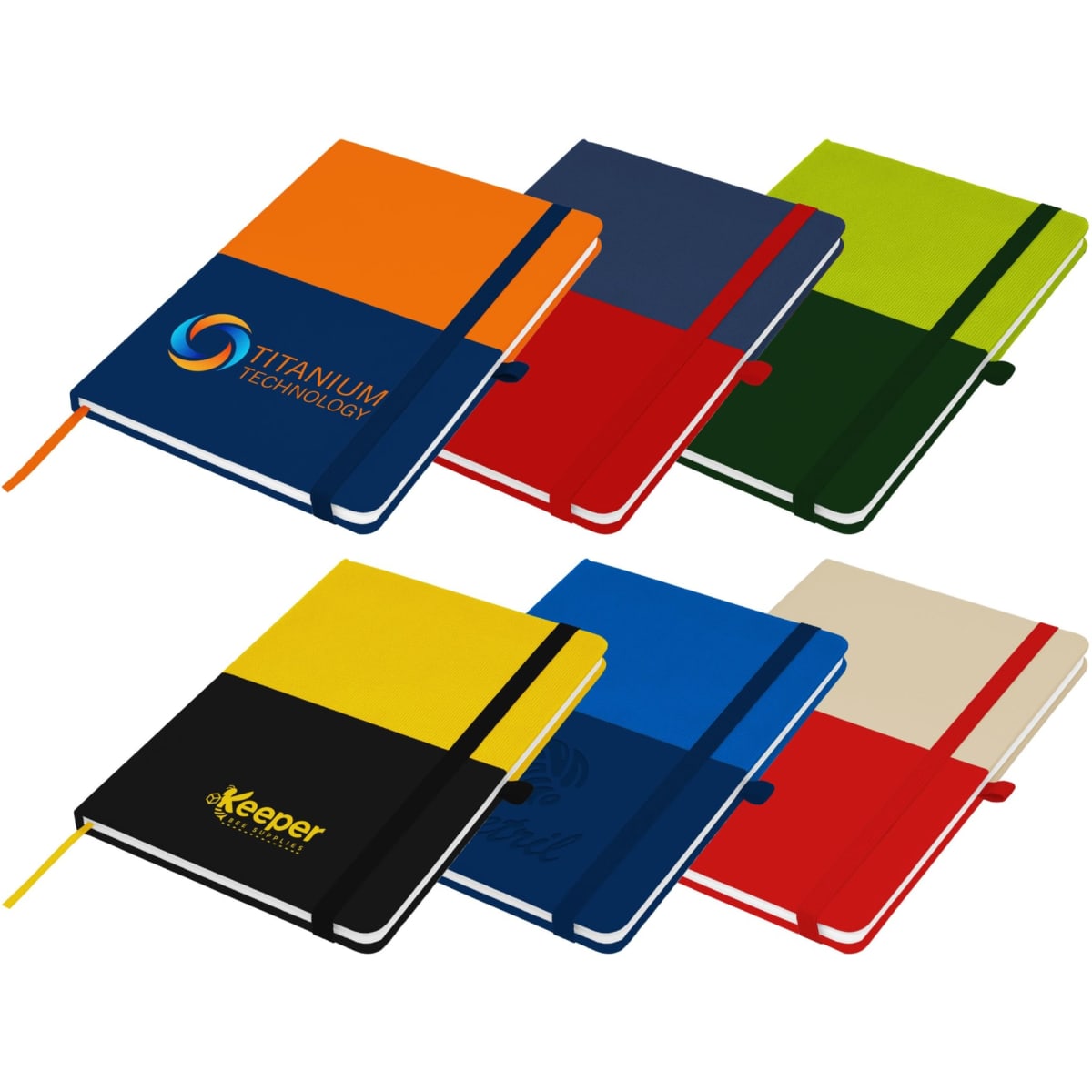 A set of Designa Symphony A5 Notebooks in various colours, featuring elastic bands and logos on the covers.