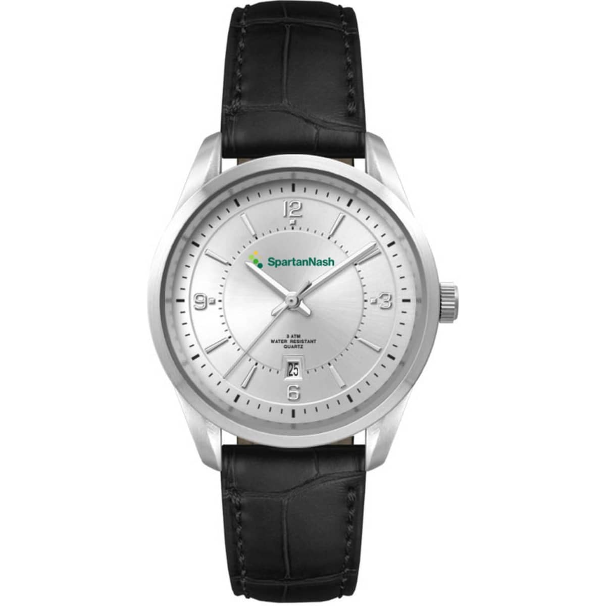 A silver casual dress watch with a black leather strap, featuring a silver dial and a logo on the face.