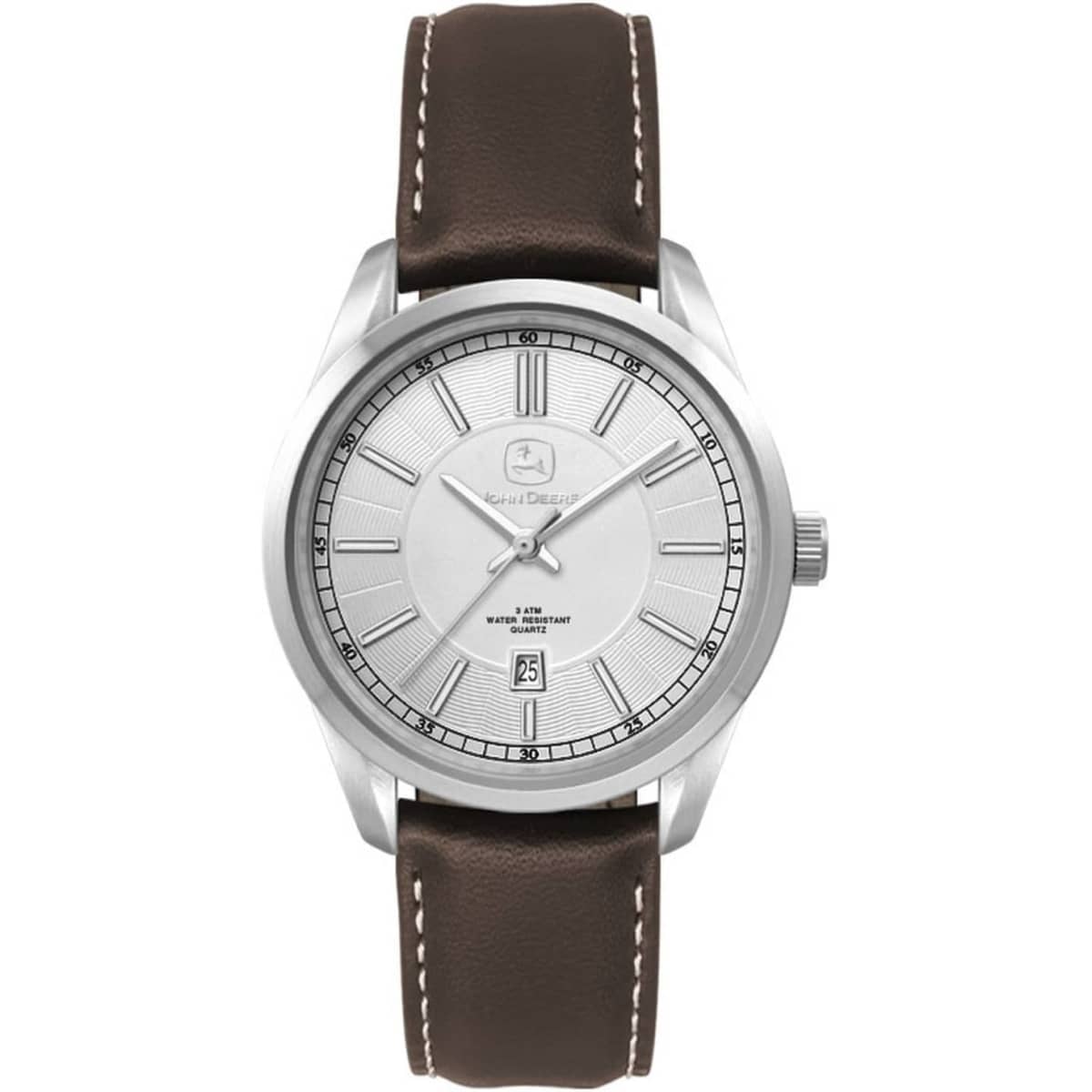 A silver ladies casual dress watch with a brown leather strap and a minimalist face design. It features a logo.