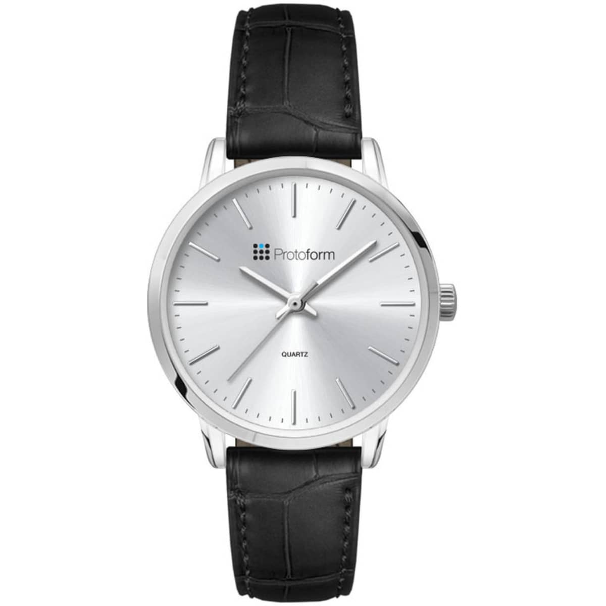 A ladies dress watch featuring a silver dial, black leather strap, and a logo on the face.