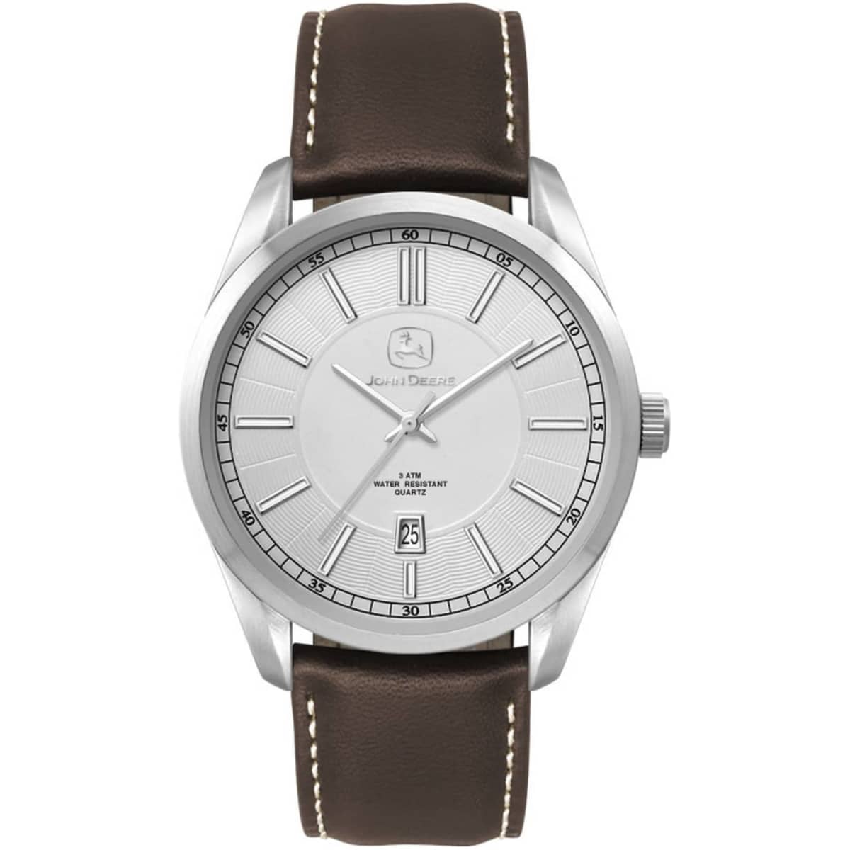 A men's casual dress watch featuring a silver dial, stainless steel case, and brown leather strap. The watch has a logo.