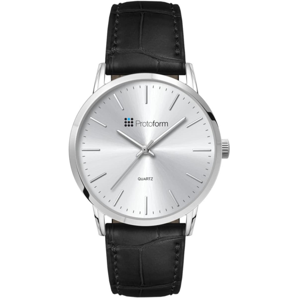A men's dress watch featuring a silver dial and a black leather strap, with a sleek, minimalist design.