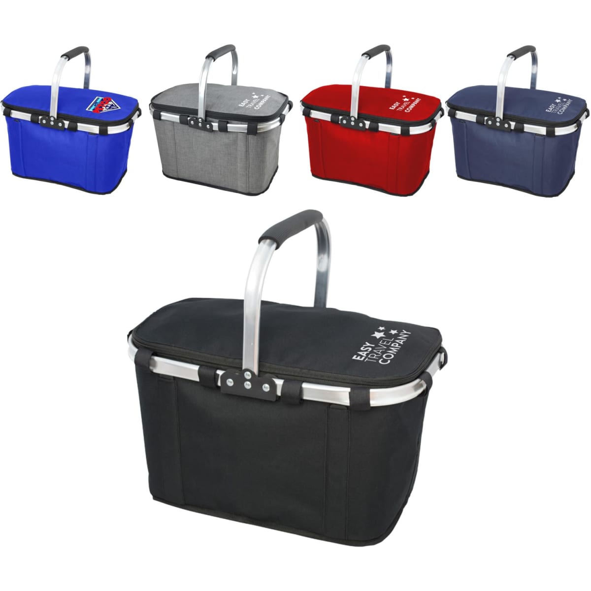 A cooler bag featuring a durable handle, available in black, grey, blue, red, and dark blue, with a logo.