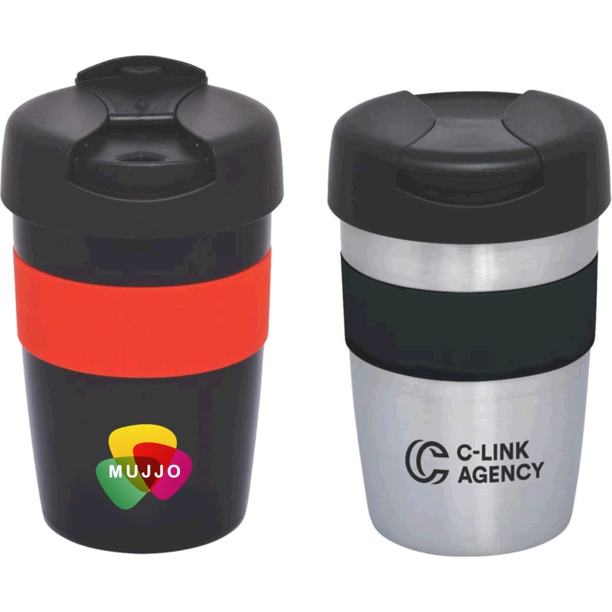 A travel mug set featuring a black and red mug and a silver mug with a black band, both with logos.