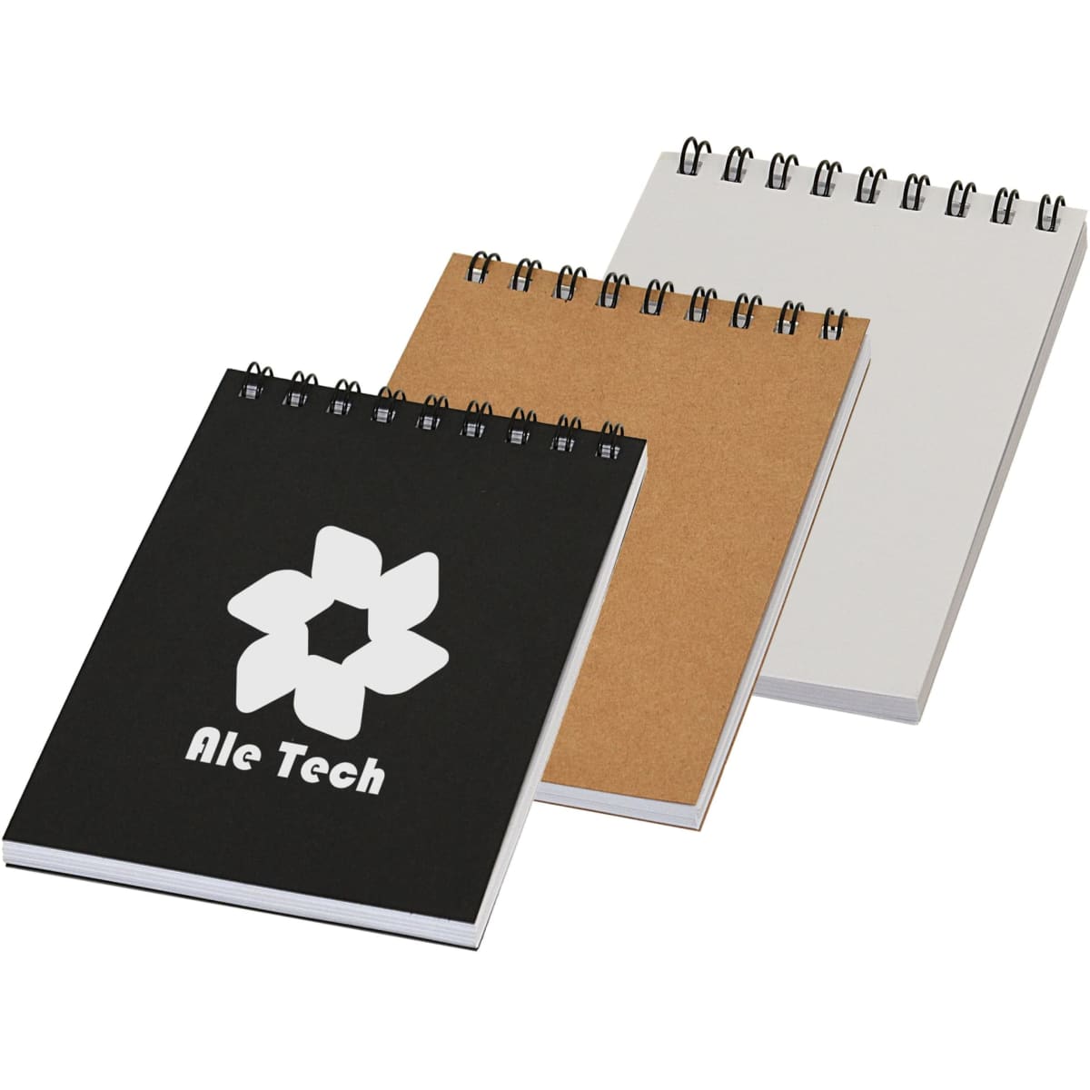 A pocket spiral notebook set featuring black, kraft, and white covers, with a logo on the black notebook.