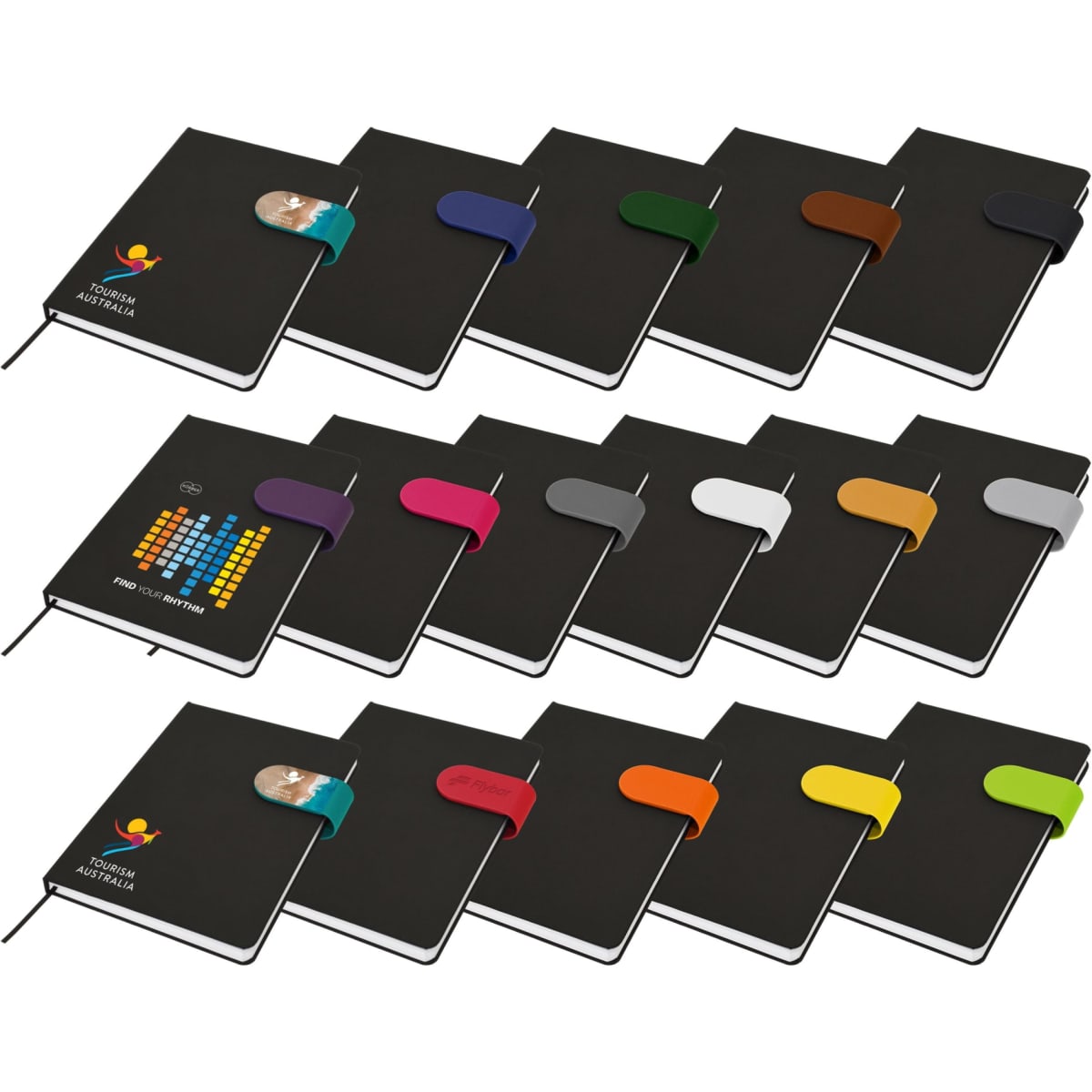 A collection of black A5 notebooks featuring various coloured bands and logos on the covers.