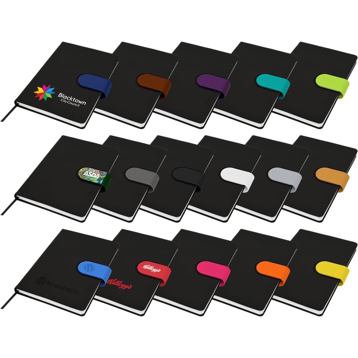 A collection of black Cordoba A5 notebooks with various coloured bands and logos displayed on the covers.