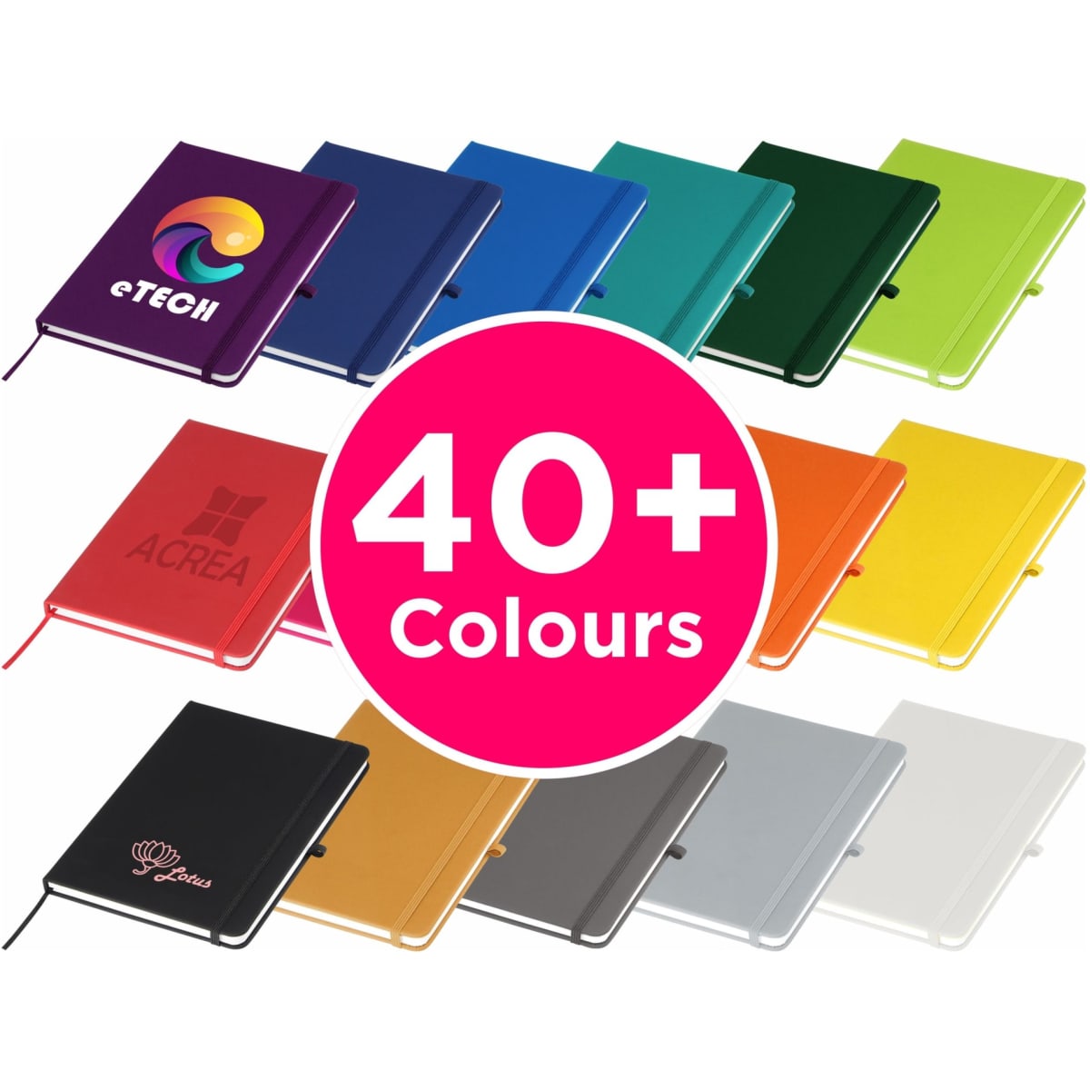 A range of A5 notebooks in various colours, with some featuring logos and branding elements.