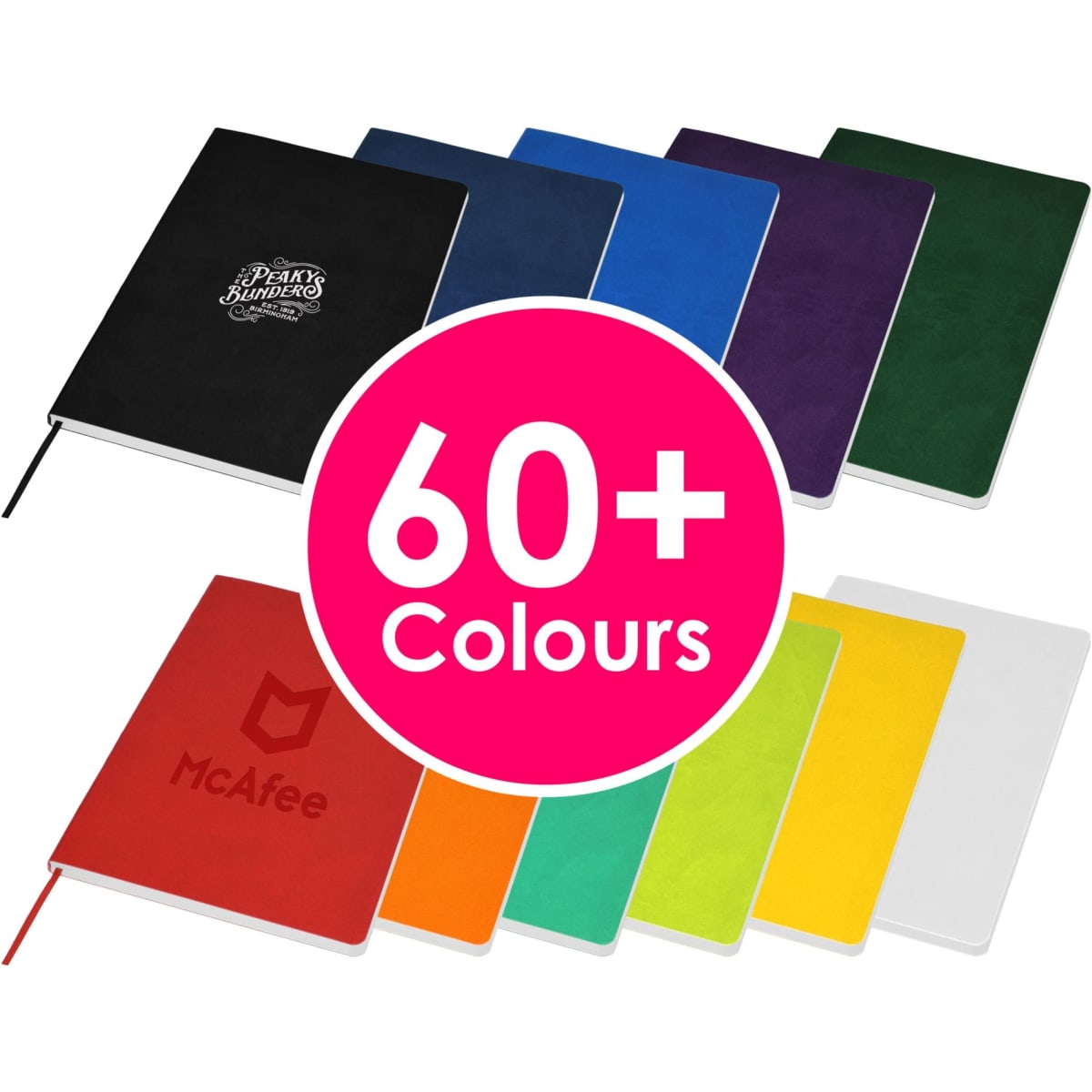 A selection of Acrobat A5 INDENT Notebooks in various colours, featuring a logo on one notebook.