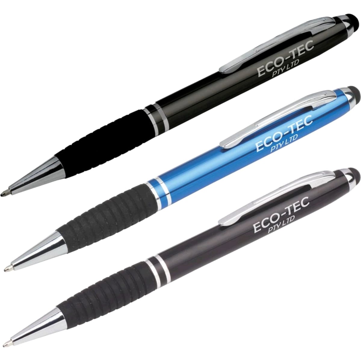 A set of three stylus pens in black, blue, and black with a rubber grip, featuring a logo.