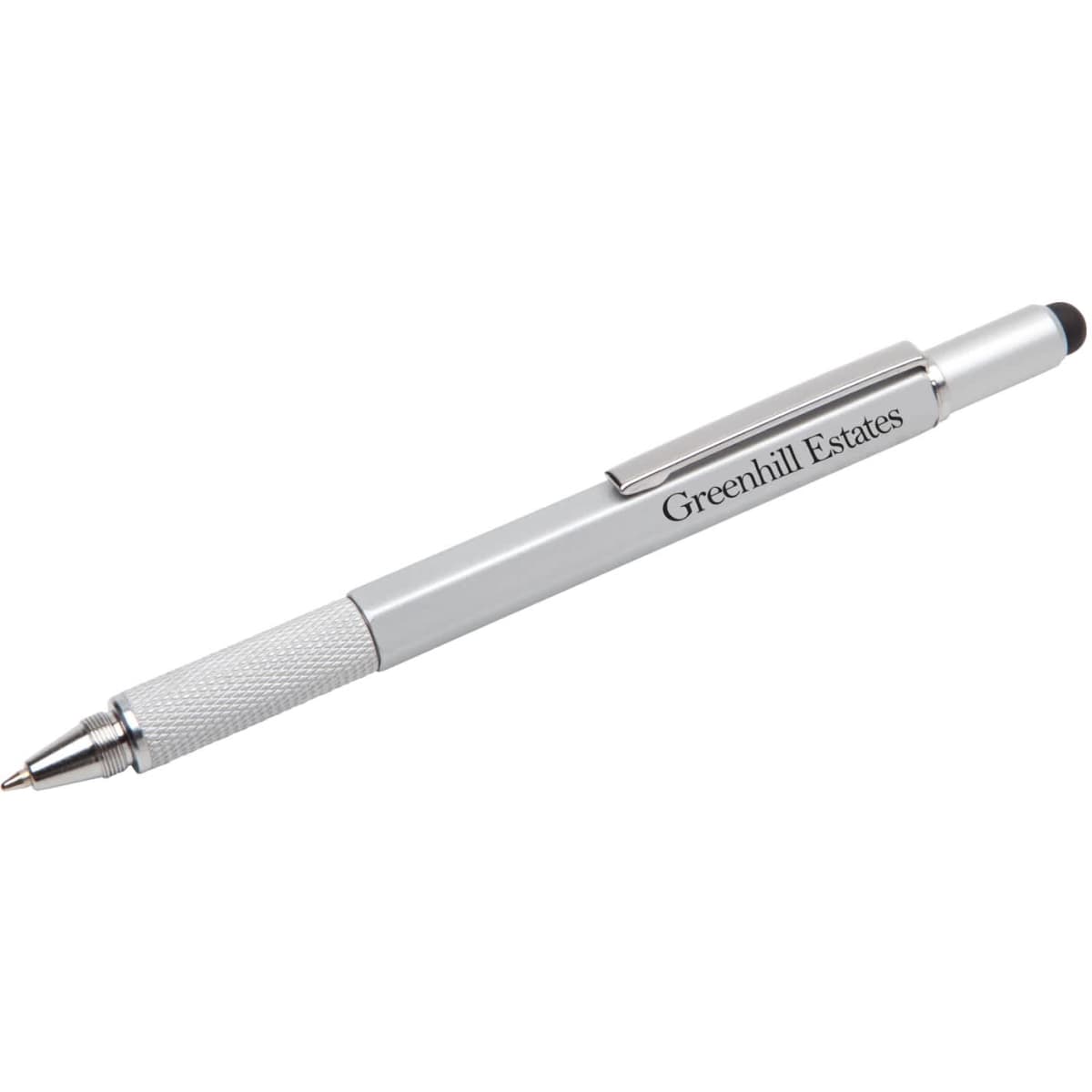 A stylus pen in silver with a textured grip and a black touchscreen tip, featuring a branding logo.