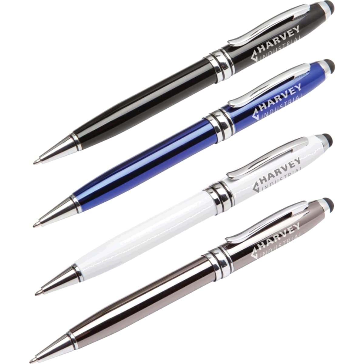 An assortment of four stylus pens in black, blue, white, and silver, featuring a logo on each.