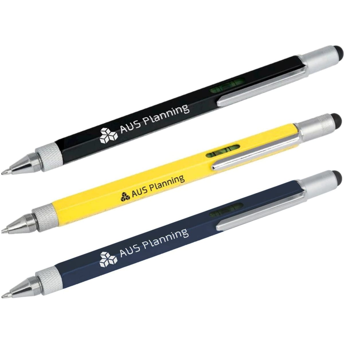 A set of three stylus pens in black, yellow, and navy blue, each with a branding logo.