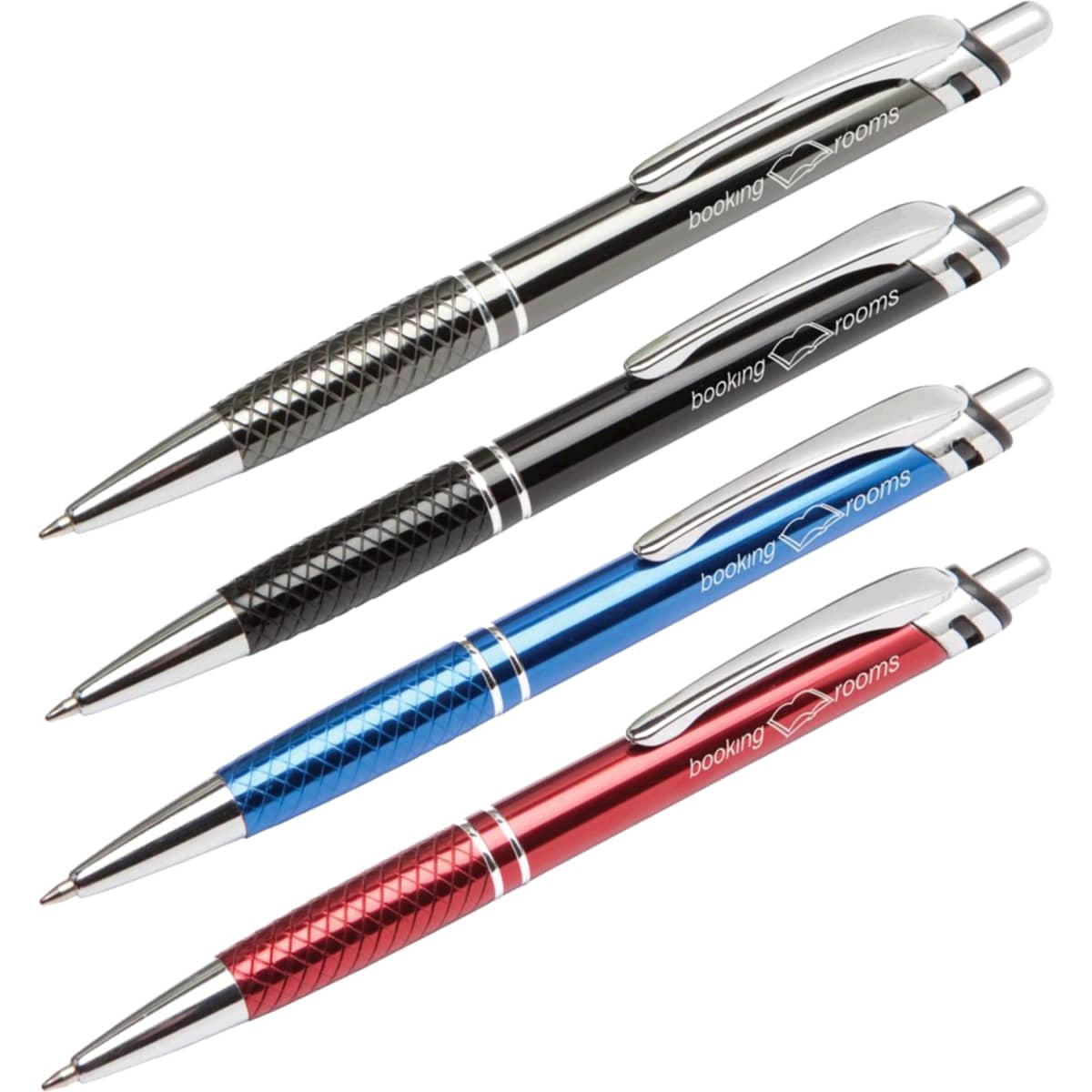 A set of four metal pens in black, blue, red, and silver, featuring textured grips and a logo.
