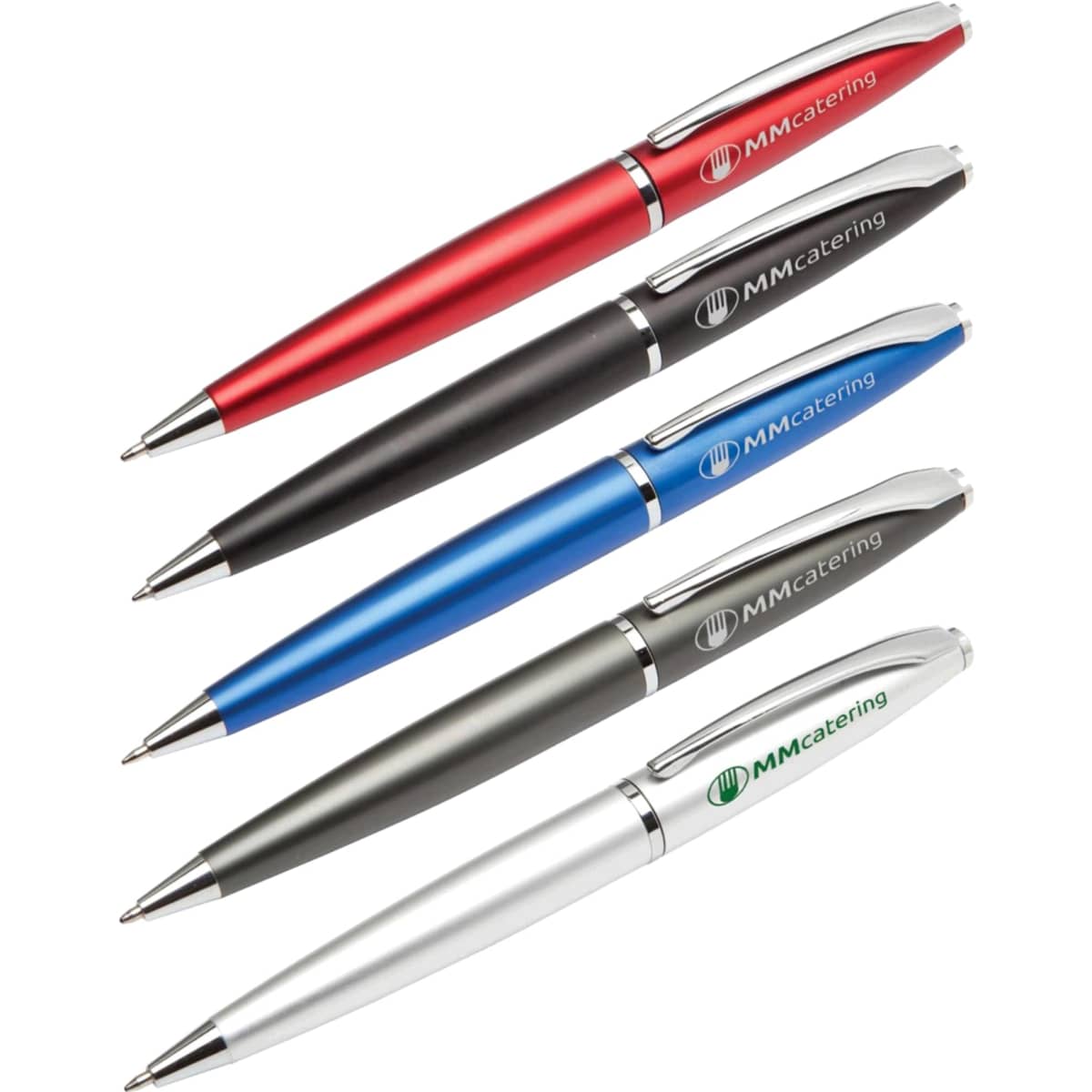 A collection of five metal pens in red, black, blue, silver, and white, featuring a logo on each pen.