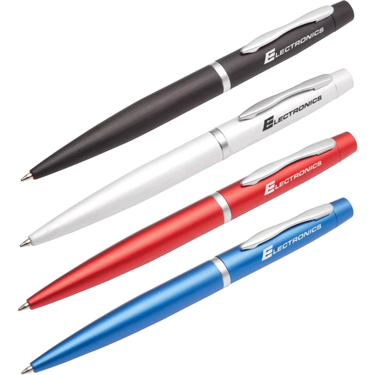 A set of four metal pens in black, white, red, and blue, featuring a branding logo on each.