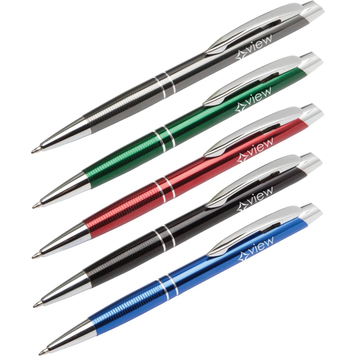 Four metal pens in black, green, red, and blue, featuring a logo on each pen.